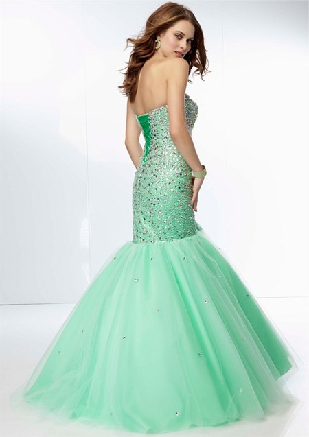 Classy Mermaid Sweetheart Long Mint Green Tulle Beaded Prom Dress ...