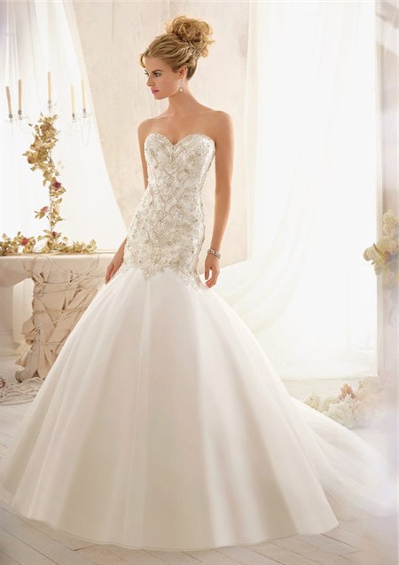 Fit And Flare Trumpet Sweetheart Crystal Beaded Organza Wedding Dress ...