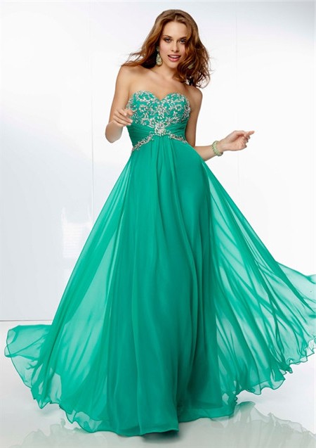 A Line Sweetheart Empire Waist Long Green Chiffon Beaded Prom Dress ...