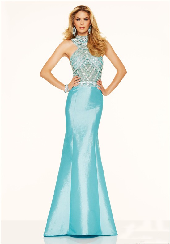 Slim Mermaid High Neck Open Back Royal Blue Taffeta Beaded Prom Dress
